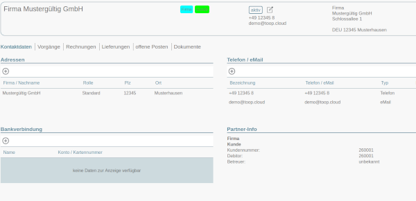 &Uuml;bersicht in den Gesch&auml;ftspartnern toop ERP
